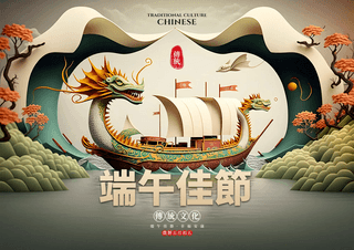 端午节海报模板_创意龙舟立体卡通端午节中国传统节日海报
