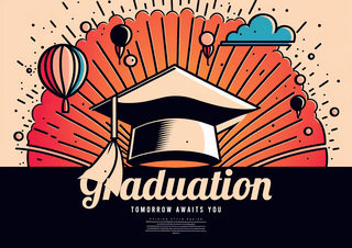 庆祝热气球海报模板_卡通插画博士帽热气球毕业典礼宣传海报