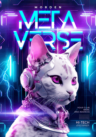 宇宙背景海报模板_元宇宙赛博朋克猫咪智能机器人海报