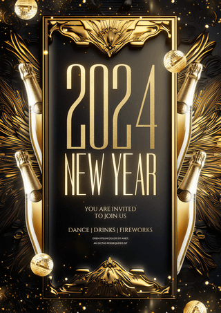 金色香槟花纹边框2024新年节日庆祝海报