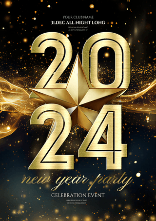 新年字体海报模板_金色五星粒子光效2024新年节日海报