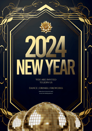 金色迪斯科球几何边框2024新年节日派对海报