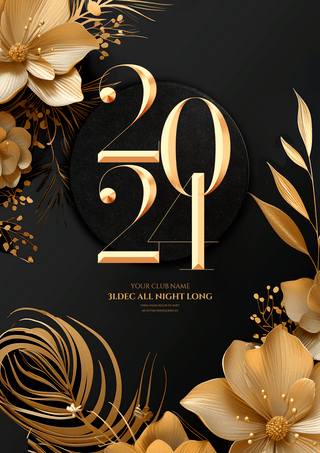 字体变形海报模板_金色花卉植物2024新年快乐派对海报
