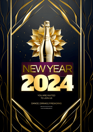 字体版式海报模板_金色几何边框花卉香槟2024新年快乐节日派对海报