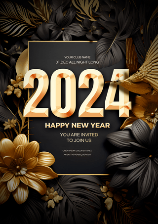 黑色边框海报模板_金色植物花卉边框2024新年节日派对海报