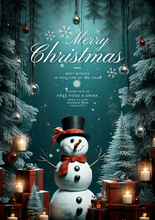 可爱圣诞雪人海报模板_圣诞树蜡烛礼盒雪人圣诞节节日派对邀请函