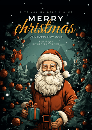 卡通插画圣诞老人圣诞树礼物圣诞节新年节日派对邀请函