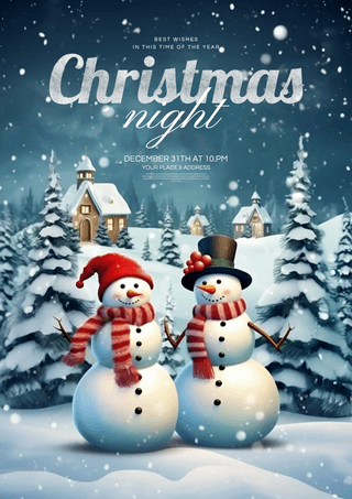 新年圣诞快乐海报模板_复古卡通插画冬季雪景雪人圣诞节新年节日派对邀请函