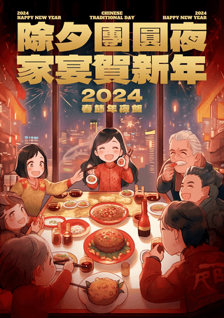 卡通插画阖家团圆除夕年夜饭2024龙年新年春节海报