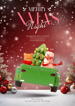 圣诞树汽车雪人圣诞树雪花飘落圣诞节新年节日祝福海报