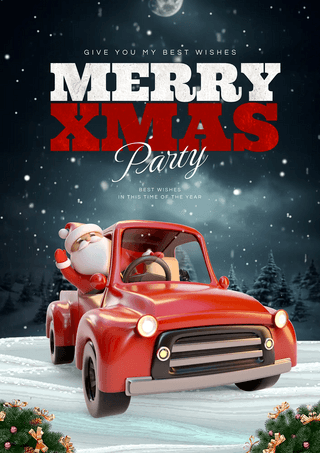 雪地雪花飘落圣诞老人汽车圣诞快乐节日祝福新年海报
