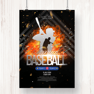 棒球背包海报模板_时尚创意火焰剪影主题棒球俱乐部主题海报