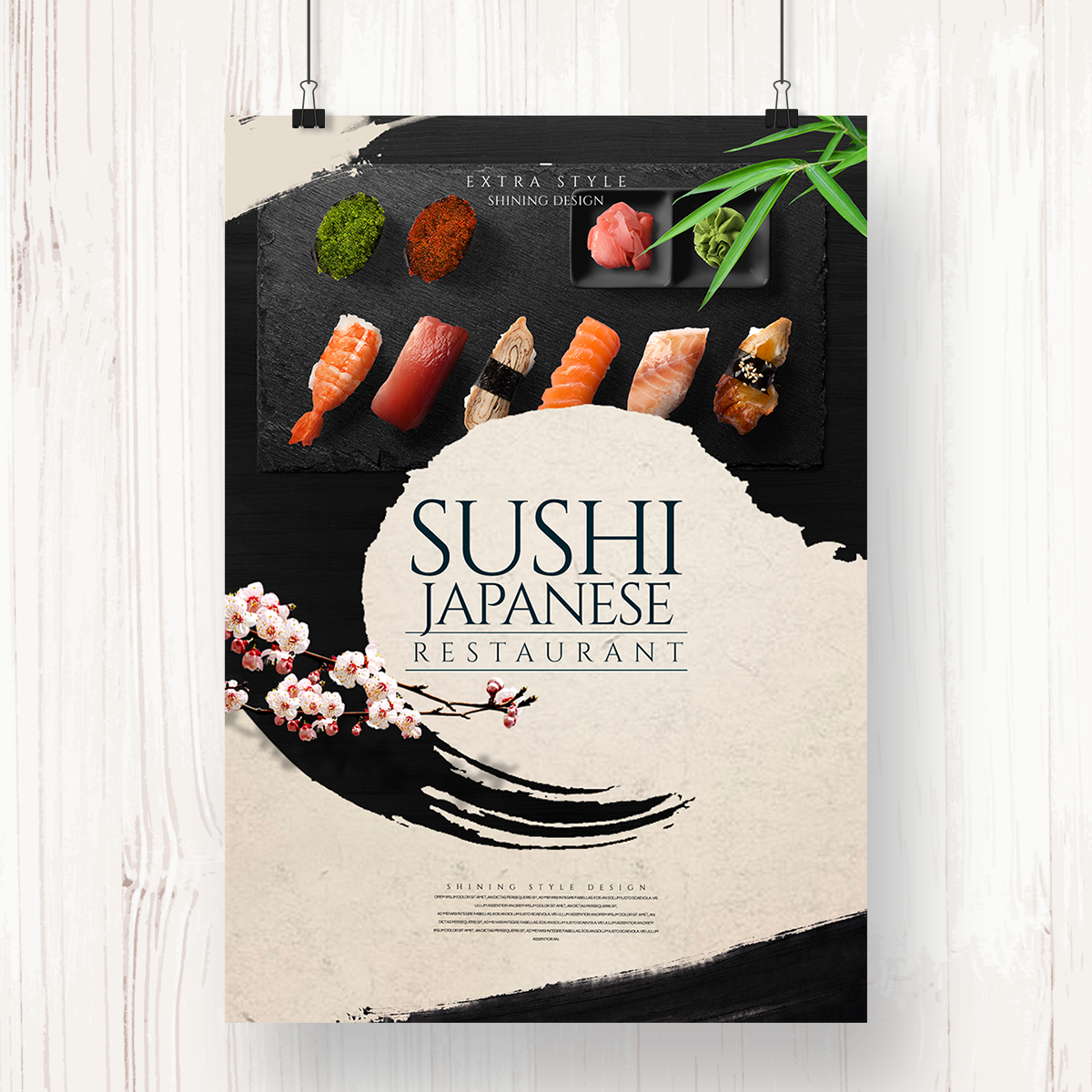 水墨传统风格日式寿司主题餐厅海报图片