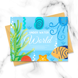 珊瑚世界海报模板_蓝色手绘海洋动物水族馆明信片