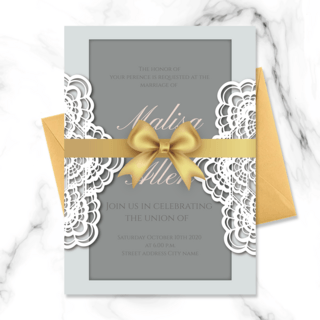 装饰丝带海报模板_现代奢华高端精致金色丝带装饰白色蕾丝婚礼邀请函