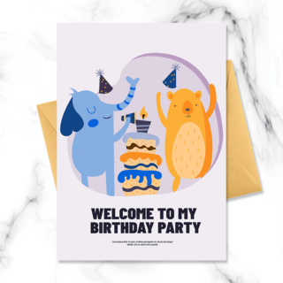 蛋糕邀请函海报模板_手绘商业紫色黄色大象熊卡通小动物儿童生日邀请函