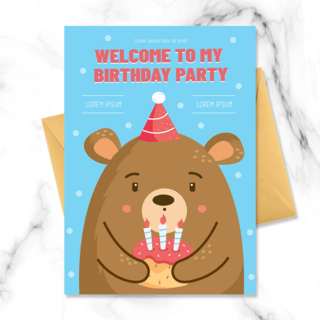 熊蓝色海报模板_手绘商业卡蓝色抱着蛋糕的小熊通小动物儿童生日邀请函