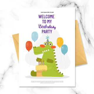 黄色生日蛋糕海报模板_手绘商业白色气球恐龙蛋糕卡通小动物儿童生日邀请函