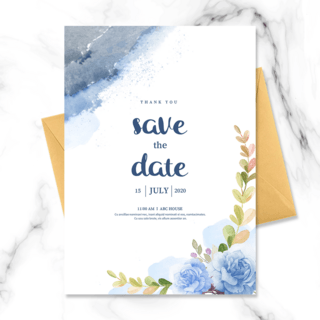 婚礼邀请函手绘海报模板_蓝灰色水彩边框花朵婚礼邀请函