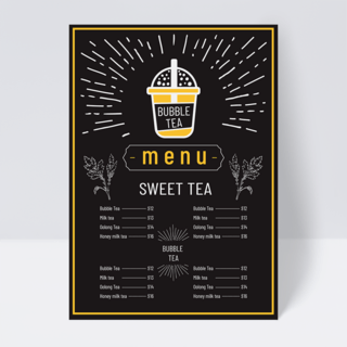 饮品菜单海报模板_黑色线条珍珠奶茶店菜单