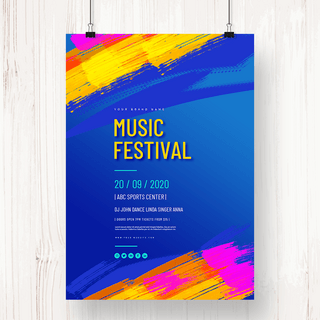 音乐节背景海报模板_蓝色背景彩色笔触音乐节宣传海报