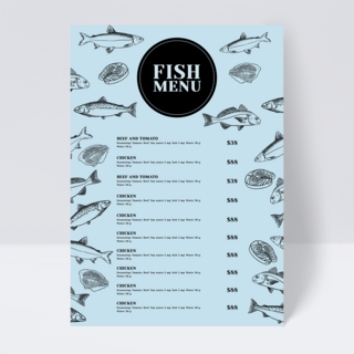 时尚蓝色背景海洋鱼类海底世界餐厅菜单传单