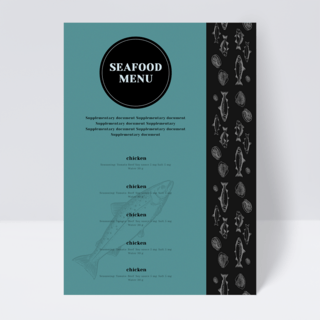 深海鱼类海报模板_精致豪华黑蓝色海洋鱼类海底世界餐厅菜单传单
