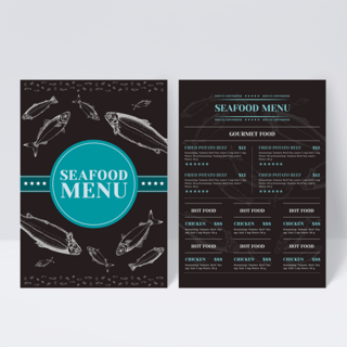 深海鱼类海报模板_时尚创意蓝色海洋鱼类海底世界餐厅菜单传单