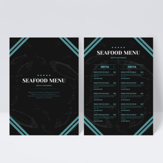 时尚精致蓝色线条海洋鱼类海底世界餐厅菜单传单