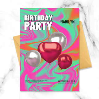 红色生日邀请函海报模板_红色气球元素全息渐变气球元素生日邀请函