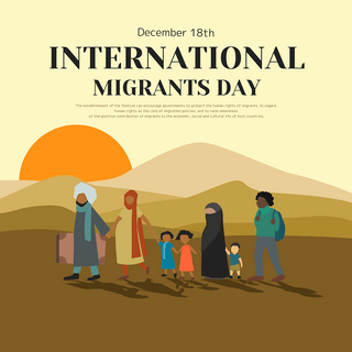 一群小朋友海报模板_卡通插画一群人走在沙漠里国际移徙者日节日社交模板