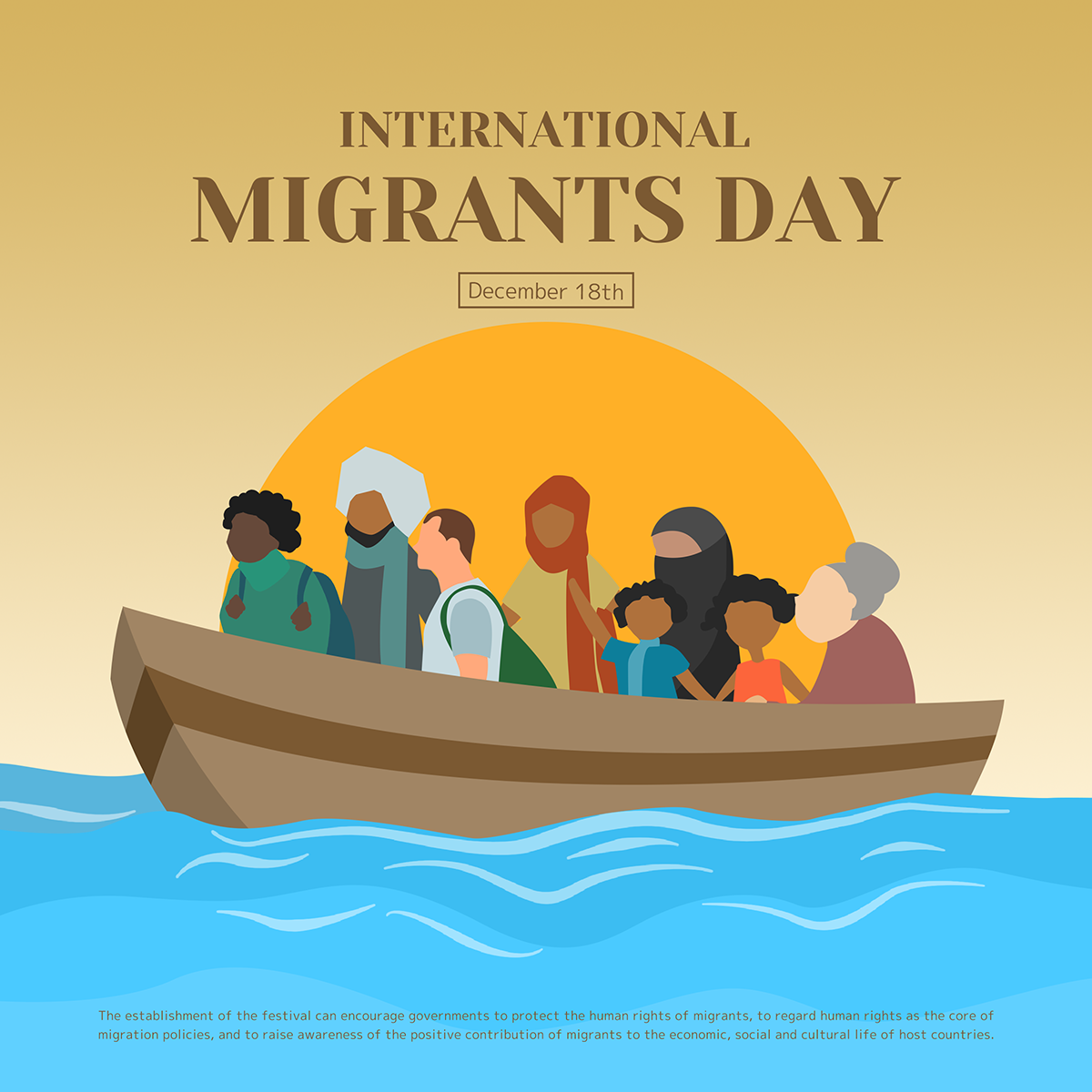 手绘插画一群人坐轮船出行国际移徙者日节日社交模板图片