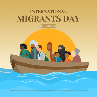 轮船插画海报模板_手绘插画一群人坐轮船出行国际移徙者日节日社交模板