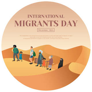 卡通插画一群人走在沙漠里国际移徙者日节日社交模板