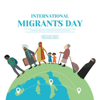 一群小朋友海报模板_创意插画一群人走在地球表面上国际移徙者日节日社交模板