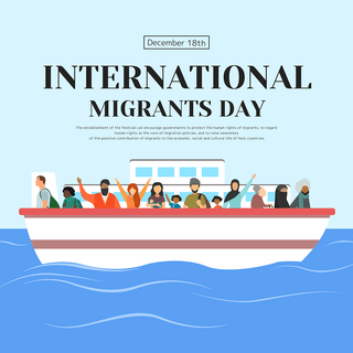 轮船插画海报模板_创意插画一群人坐轮船出行国际移徙者日节日社交模板