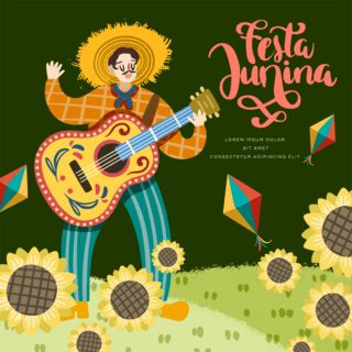 巴西六月节绿色草坪向日葵卡通人物吉他社交媒体sns模板