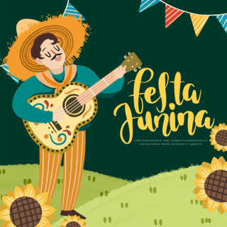 草坪卡通海报模板_festas juninas巴西六月节绿色草坪卡通人物吉他社交媒体sns模板