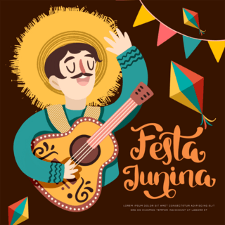 卡通火海报模板_festas juninas巴西六月节彩色卡通人物吉他社交媒体sns模板