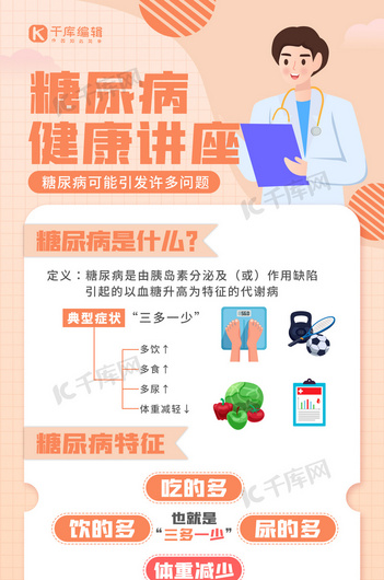 糖尿病健康讲座橙色扁平海报