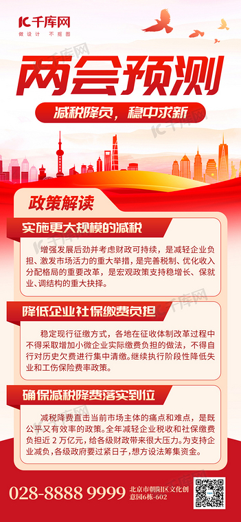 两会政策预测红色创意全屏海报