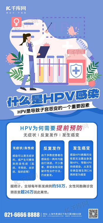 HPV科普介绍医生插画蓝色扁平风海报海报背景素材