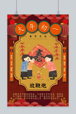 春节习俗大年初一海报模板_创意春节习俗大年初一新年中国风海报