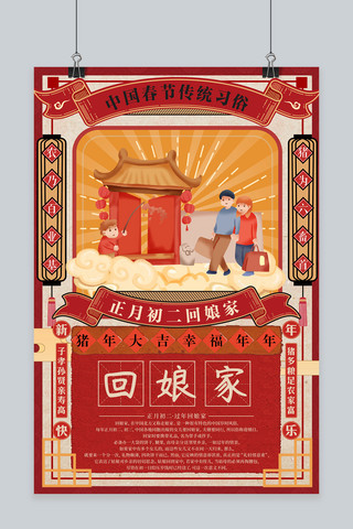 春节新年习俗海报模板_创意手绘新年习俗正月初二回娘家海报