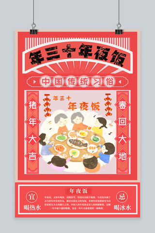 新年海报回家海报模板_春节习俗大年三十年夜饭海报