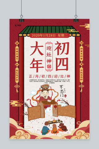 春节习俗红色创意大年初四迎灶神年俗海报