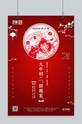 春节习俗大年初二红色简约海报