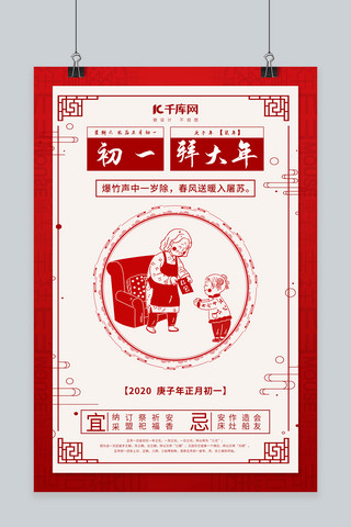 春节习俗大年初一海报模板_大年初一拜年红色中国风海报