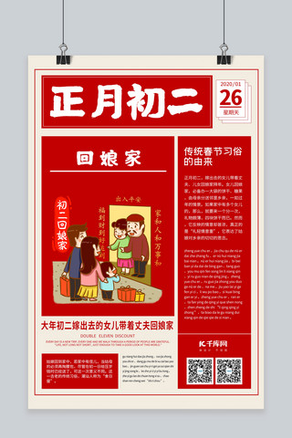 春节习俗初二海报模板_新年习俗春节习俗正月初二红色创意报纸海报