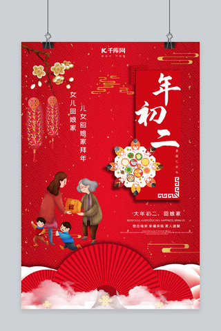 大年初二走亲戚海报模板_大年初二回家儿女红色中国风插画海报